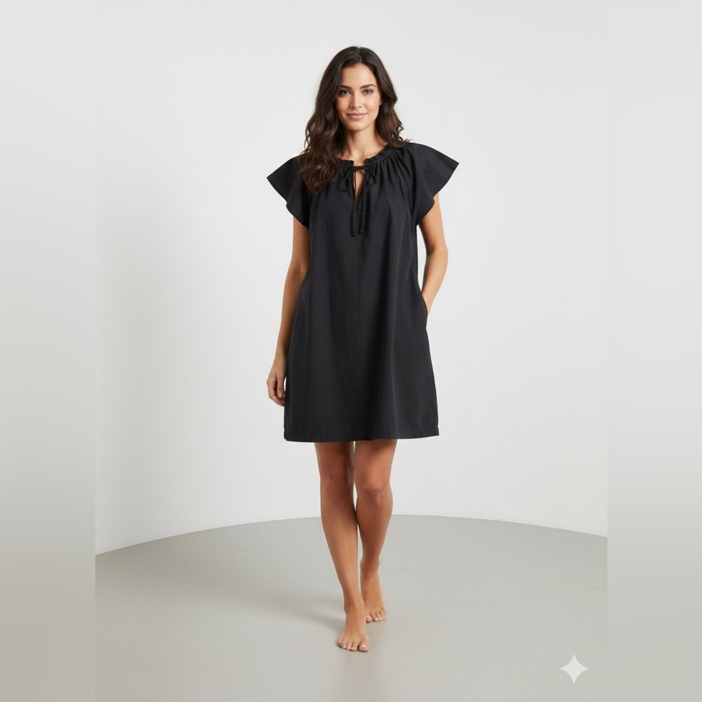 GAP Black Flutter Sleeve Mini Dress | Boho Shift LBD Ruffle Tie | Small Petite S - Picture 1 of 10